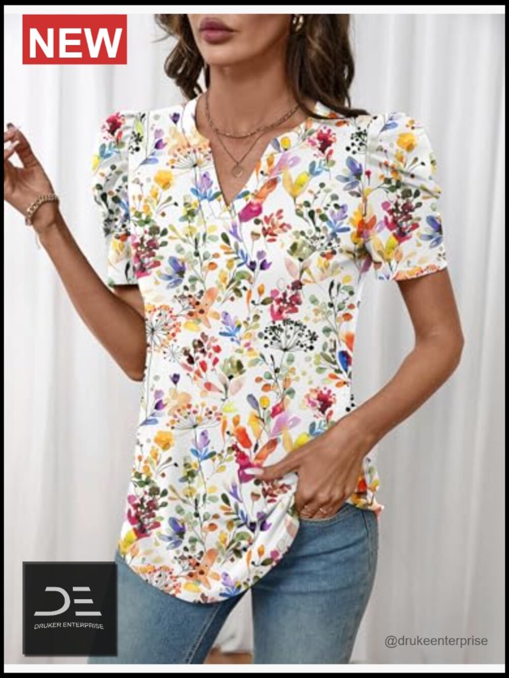 Puff Sleeve V-Neck Blouse Women Spring Summer Work Tops - Picture 4 of 7